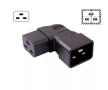 C19 to C20 angled mains adapter, YL-3318L-1 IEC 60320-C19/20 angled sideways, right/left